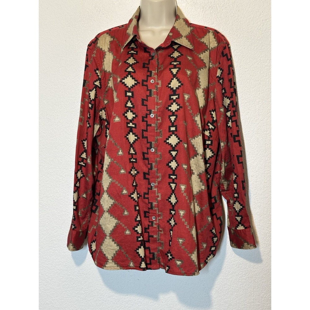 LRL Ralph Lauren Shirt Womens 2X Button Up Cotton LS Red Aztec Western Boho